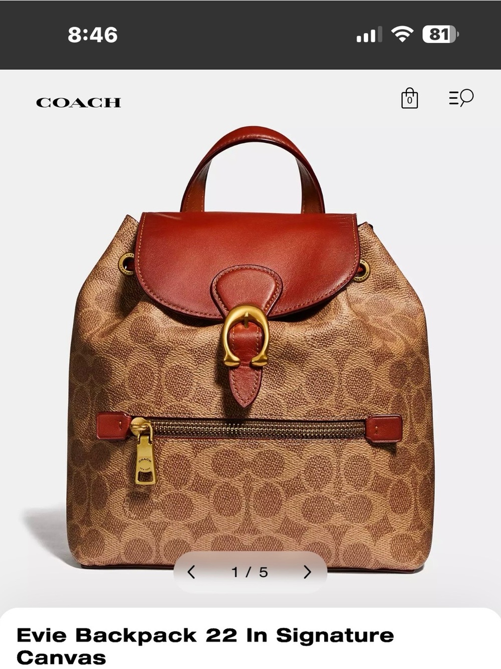Coach Evie Backpack 22” in signature canvas with gold hardware.
